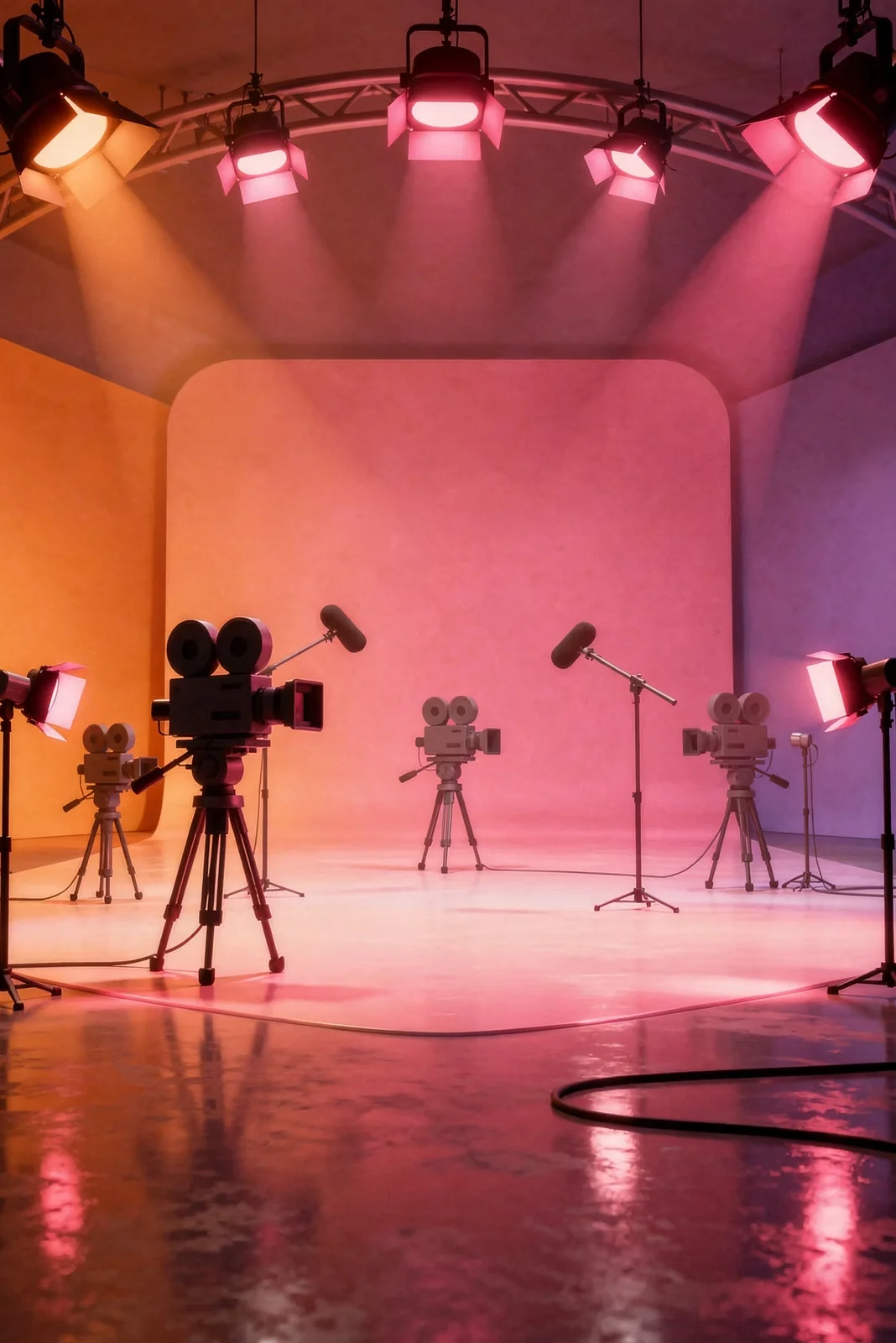 A cinematic production stage with warm coral and pink professional lighting