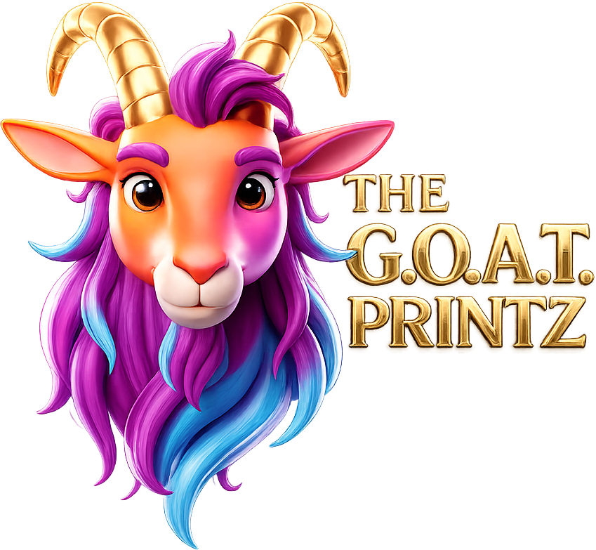 Colorful goat mascot with cinematic gold The G.O.A.T. Printz logo